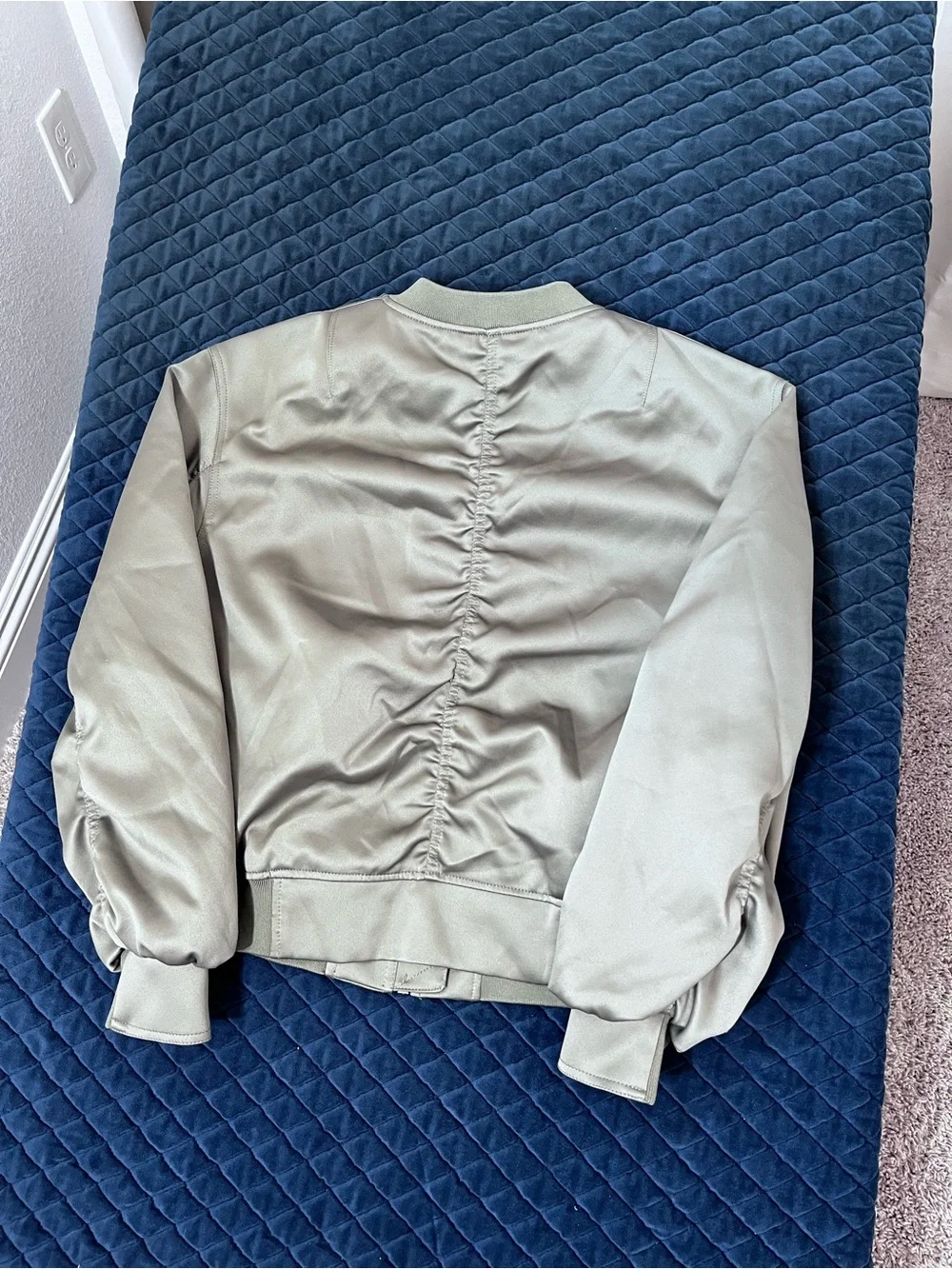 H&M Olive Green Bomber Jacket - Zip Front - Ruffled Sleeves - Sleek - Stylish